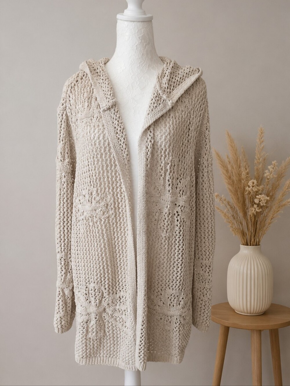 Nicole Miller Open-Knit Hooded Cardigan Sweater - Beige Cream